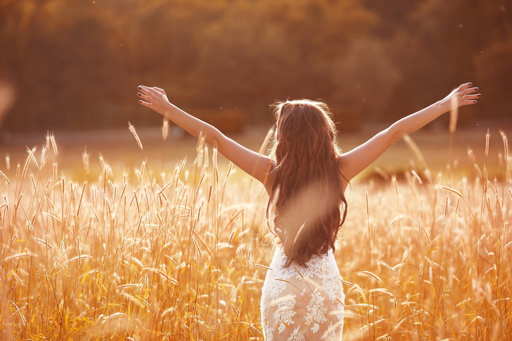 Enjoyment. Free woman arms outstretched. Happy bride
